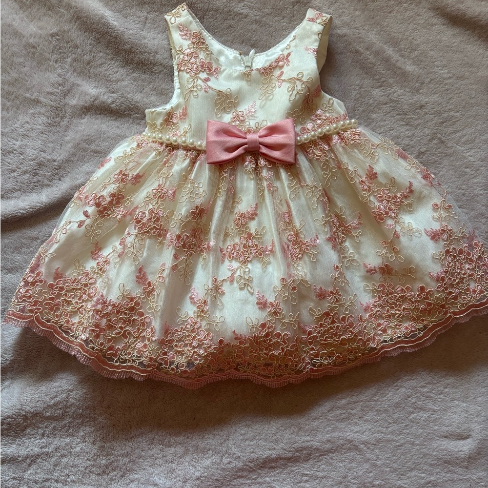Pink and Cream Floral Lace Dress with Bow